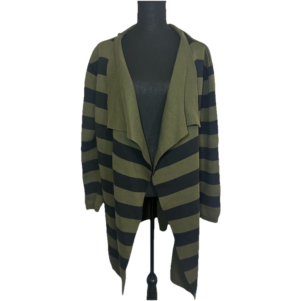 FRNCH Women's Open Front Cardigan Olive Green Black Striped Thick Med/Large